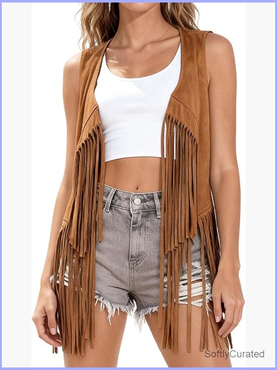 Jackets & Blazers - Women's Fringe Vest Suede Tassel Crop Top Cowgirl Hippie Western Sleeveless